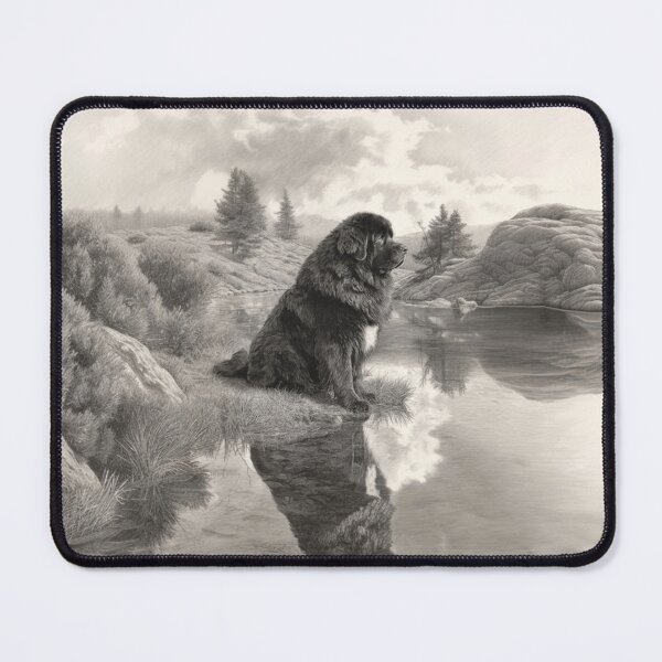 Item preview, A calm Newfoundland sitting beside a reflective lake, Dogs in Motion designed and sold by CDC40.