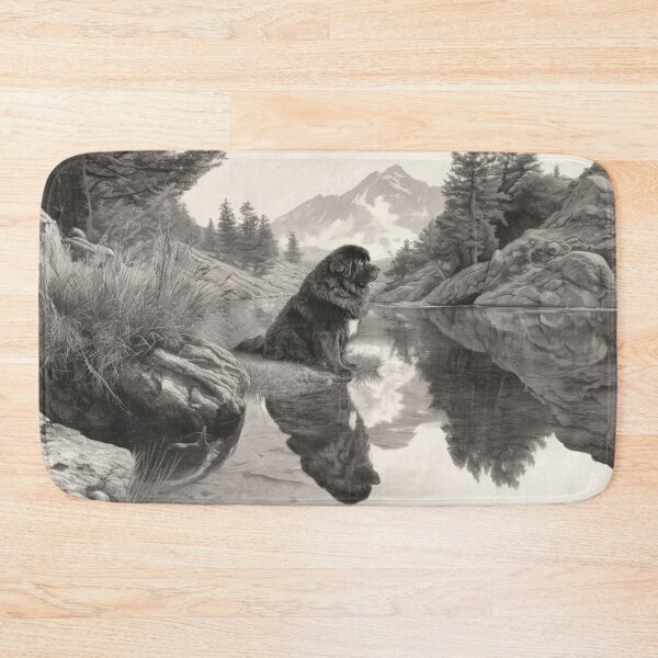 Item preview, A calm Newfoundland sitting beside a reflective lake, Dogs in Motion designed and sold by CDC40.