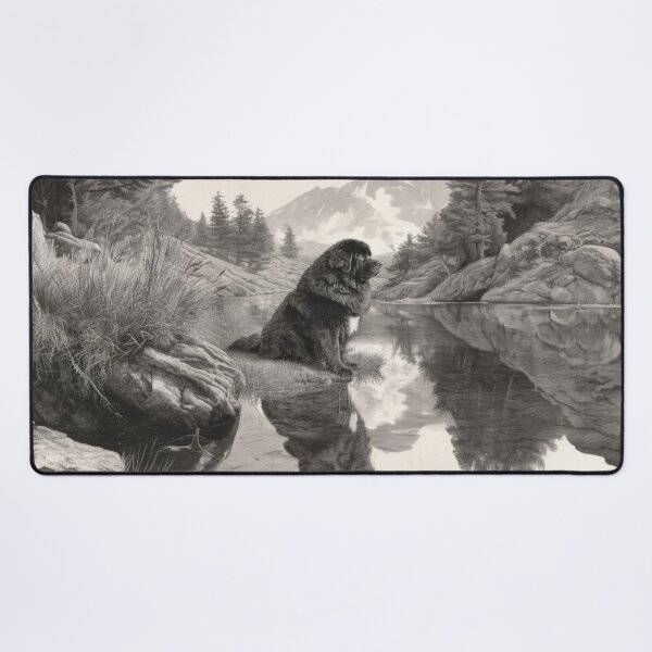 Item preview, A calm Newfoundland sitting beside a reflective lake, Dogs in Motion designed and sold by CDC40.