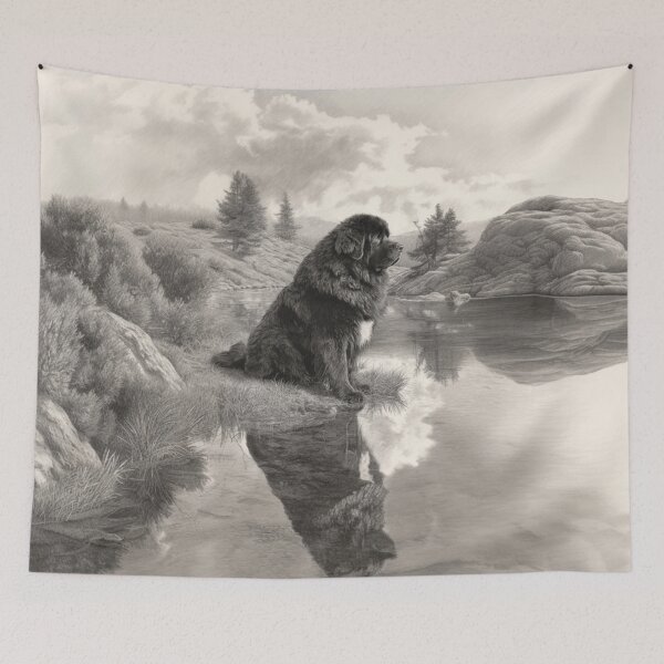 Item preview, A calm Newfoundland sitting beside a reflective lake, Dogs in Motion designed and sold by CDC40.