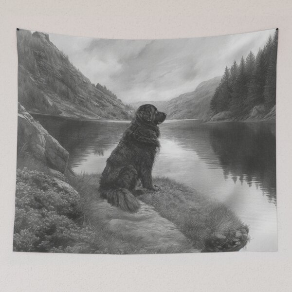 Item preview, A calm Newfoundland sitting beside a reflective lake, Dogs in Motion designed and sold by CDC40.