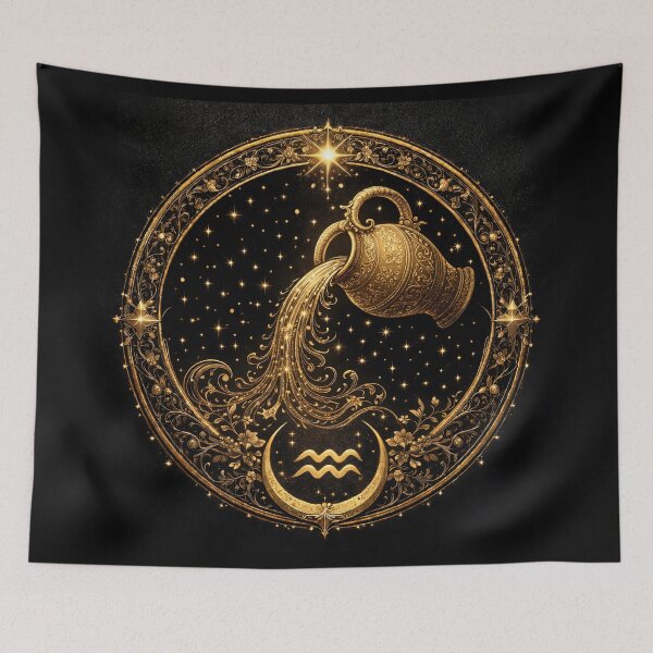 Item preview, Aquarius Zodiac Sign – Golden Celestial Mandala on Black designed and sold by MOONLITTOWER.