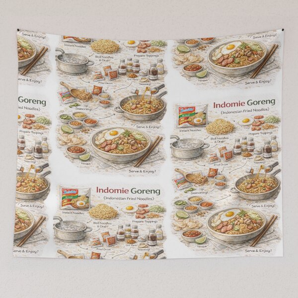 Item preview, Indomie Goreng Recipe Shirt – Hand-Drawn Indonesian Noodle Cooking Diagram Tee, Minimalist Food Illustration designed and sold by fishnsteve.