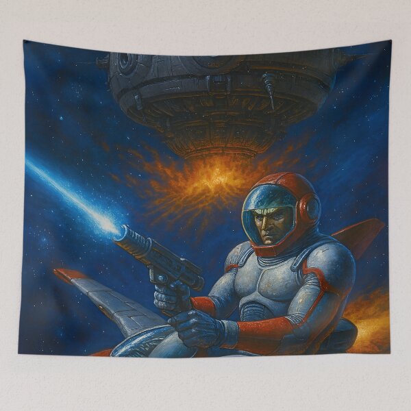 Item preview, Astronaut Space Battle Against Giant Warship Sci Fi Art designed and sold by PandaTShirtShop.