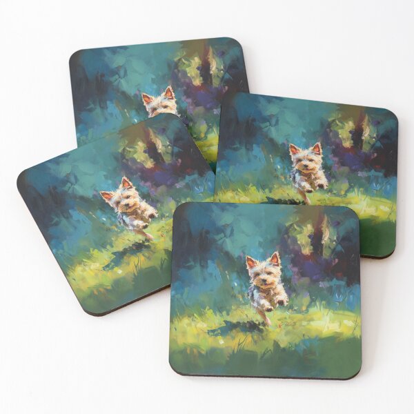 Item preview, A playful Yorkshire Terrier running across a lively park scene, Dogs in Motion designed and sold by CDC40.
