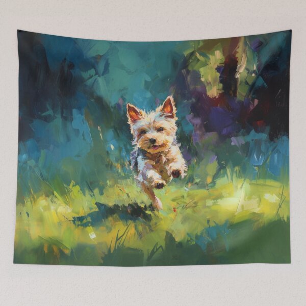 Item preview, A playful Yorkshire Terrier running across a lively park scene, Dogs in Motion designed and sold by CDC40.