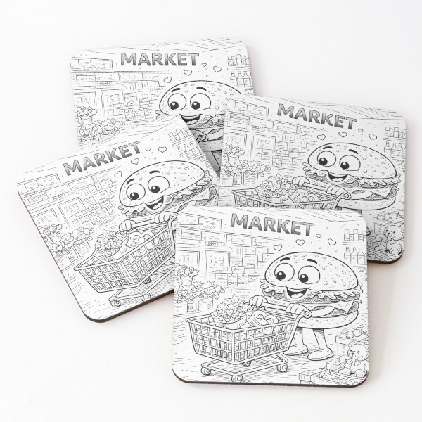 Item preview, Cute Burger Grocery Shopping – Kawaii Food Character Market Doodle (Black & White) designed and sold by ComedyInkFactor.