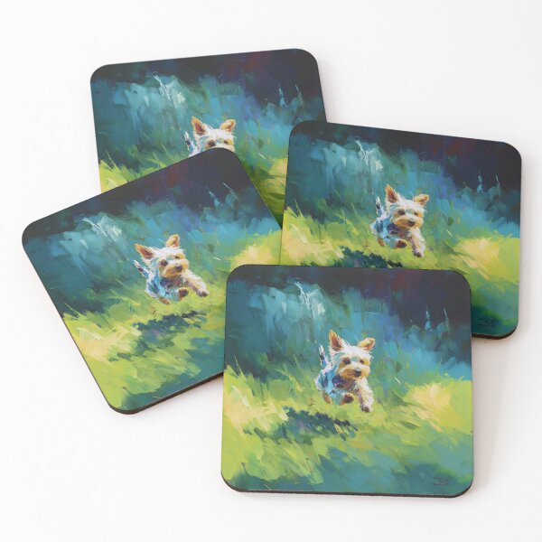 Item preview, A playful Yorkshire Terrier running across a lively park scene, Dogs in Motion designed and sold by CDC40.