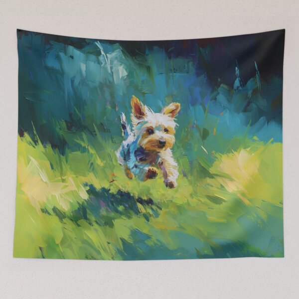 Item preview, A playful Yorkshire Terrier running across a lively park scene, Dogs in Motion designed and sold by CDC40.