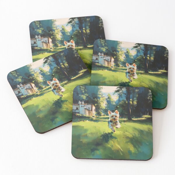 Item preview, A playful Yorkshire Terrier running across a lively park scene, Dogs in Motion designed and sold by CDC40.