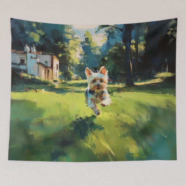 Item preview, A playful Yorkshire Terrier running across a lively park scene, Dogs in Motion designed and sold by CDC40.