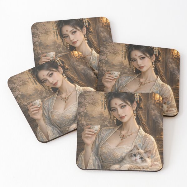 Item preview, Blue Hanfu Beauty Drinking Tea with Cat designed and sold by ASMRUniverse.