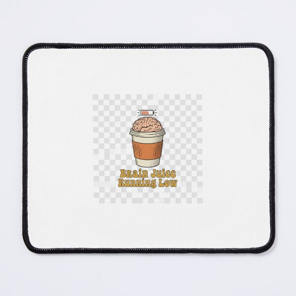 Item preview, Retro coffee cup graphic with a cartoon brain inside and a red low-battery icon above. Groovy 70s "Brain Juice Running Low" text. Distressed vintage style in mustard and orange. Clean vector. designed and sold by thghts-unfltrd.