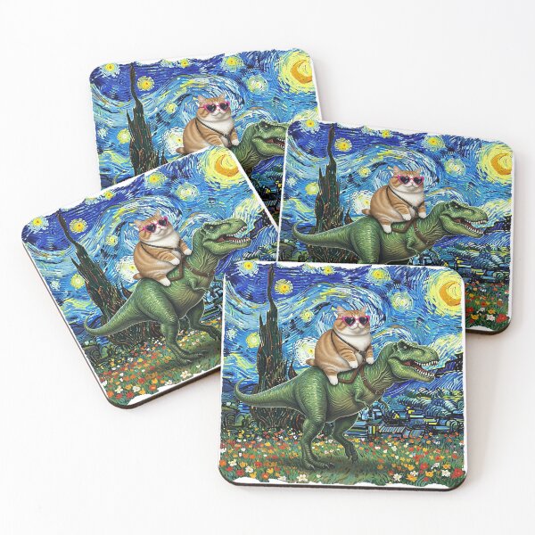 Item preview, Cat Riding Dinosaur T-Rex Starry Night Van Gogh Cat Lover designed and sold by KevinorNorris.