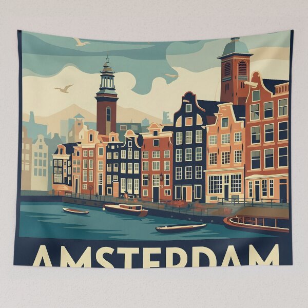 Item preview, Amsterdam Canal Vintage Travel Poster Retro Dutch Houses Boats, Classic Netherlands Skyline Wall Art Print, European Cityscape Decor designed and sold by AbstractAuraArt.