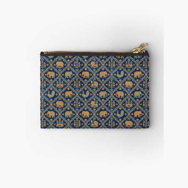 Item preview, Luxe Indigo Warli Elephant Pattern - Saffron & Silver Zari Seamless Pattern designed and sold by IndoPatterns.