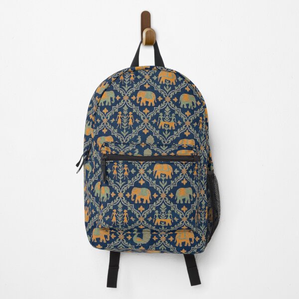 Item preview, Luxe Indigo Warli Elephant Pattern - Saffron & Silver Zari Seamless Pattern designed and sold by IndoPatterns.