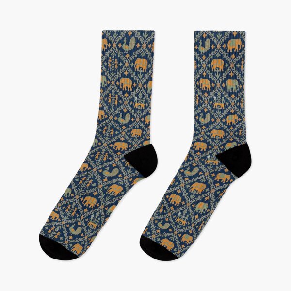 Item preview, Luxe Indigo Warli Elephant Pattern - Saffron & Silver Zari Seamless Pattern designed and sold by IndoPatterns.