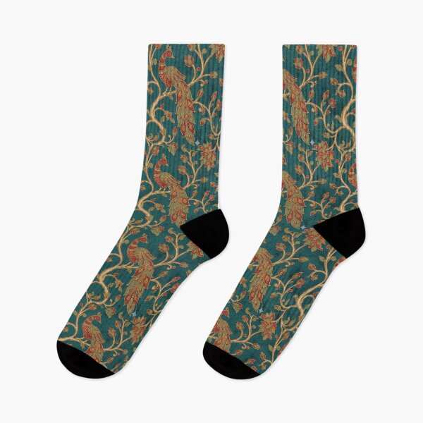 Item preview, Luxe Kalamkari Peacock Tree Pattern - Teal & Madder Red Gold Zari Seamless Pattern designed and sold by IndoPatterns.