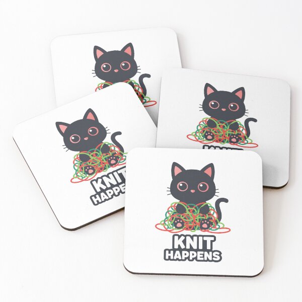 Item preview, Funny Cartoon Black Cat in Tangled Yarn with "Knit Happens" Text Sticker designed and sold by Dofitopia.