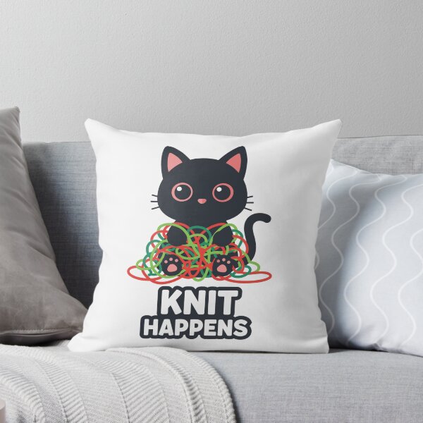 Item preview, Funny Cartoon Black Cat in Tangled Yarn with "Knit Happens" Text Sticker designed and sold by Dofitopia.