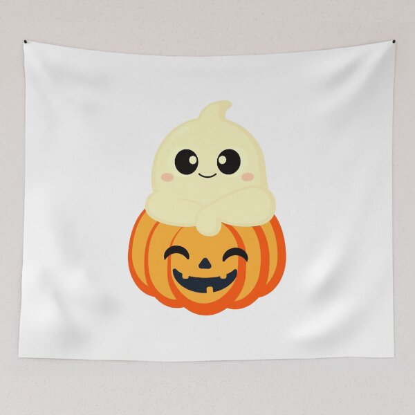 Item preview, Cute Ghost on Pumpkin – Kawaii Halloween Illustration designed and sold by Horrify.