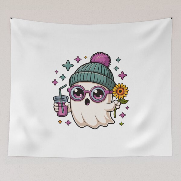Item preview, Cute Cozy Ghost with Beanie and Sunflower – Kawaii Spooky Illustration designed and sold by Horrify.