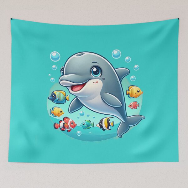 Item preview, Cute Smiling Dolphin & Fish having Fun in the Ocean designed and sold by Sunny Day Gallery.