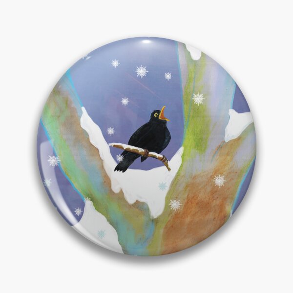 Artikelvorschau, Amsel singt und ein Gnom beobachtet sie von einem Baum aus im Winter entworfen und verkauft von Julia Doria.