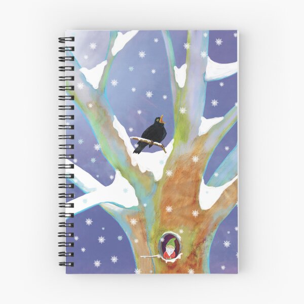 Item preview, Blackbird singing and gnome watching from a tree in winter designed and sold by Julia Doria.