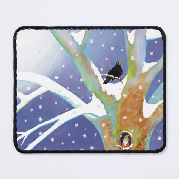 Item preview, Blackbird singing and gnome watching from a tree in winter designed and sold by Julia Doria.