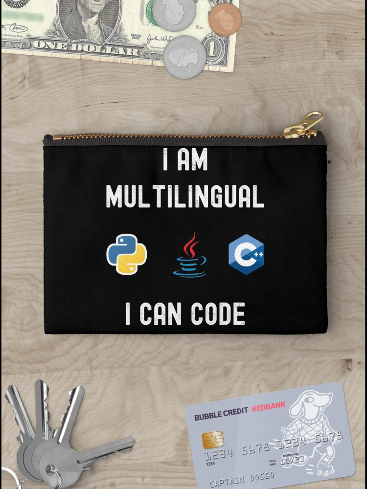 Thumbnail 3 of 4, Zipper Pouch, Funny Nerdy I am Multilingual I can Code Python  C++ Computer Programmer Science White Text designed and sold by MathWare MathClips.