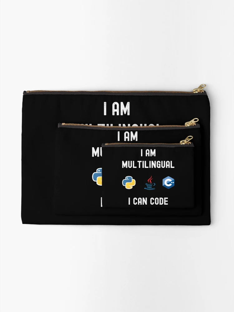 Thumbnail 2 of 4, Zipper Pouch, Funny Nerdy I am Multilingual I can Code Python  C++ Computer Programmer Science White Text designed and sold by MathWare MathClips.