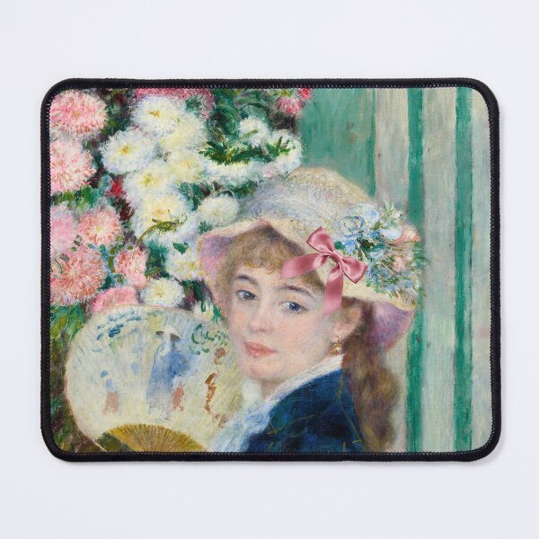 Item preview, Coquette Girl with a Fan - Renoir Impressionist Art Parody with Pink Bow designed and sold by Open Canvas.