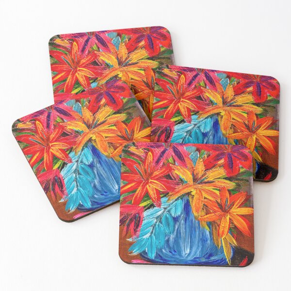 Item preview, Fiery Lilies: Red & Orange Blooms in Turquoise Vase designed and sold by kkartwork.