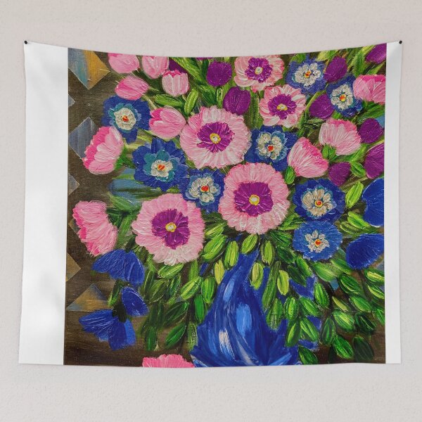 Item preview, Pink Poppies & Blue Vase: Floral on Geometric Lattice designed and sold by kkartwork.