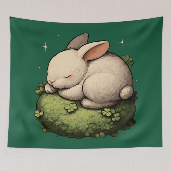 Item preview, Sleeping Baby Rabbit – Cute sleeping bunny on moss (clover & stars) designed and sold by Meiersbeste.