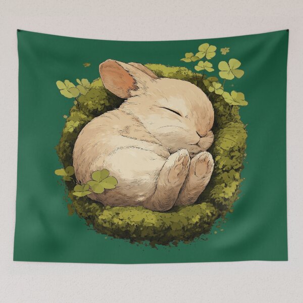 Item preview, Sleeping baby rabbit in a moss nest – Cute bunny with clover leaves designed and sold by Meiersbeste.