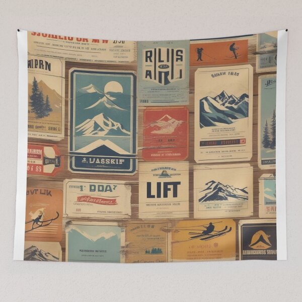 Item preview, Retro Ski Lift Tickets Art - Vintage Alpine Resort Tags Collage Skiing Memorabilia Winter Sports Print designed and sold by Esterlane.