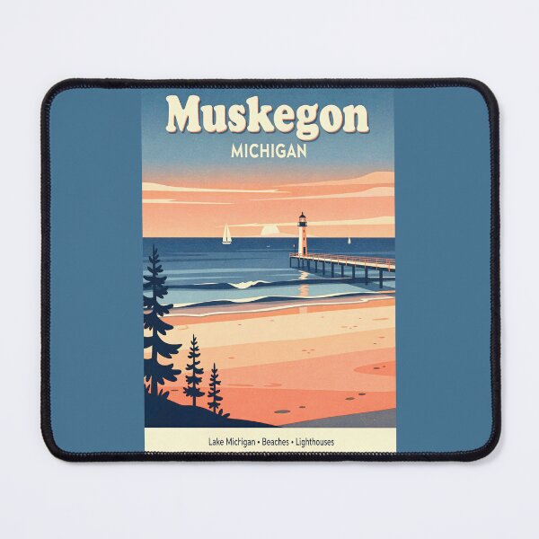 Item preview, Muskegon Michigan Sunset Lighthouse Retro Travel Art designed and sold by American Travels.