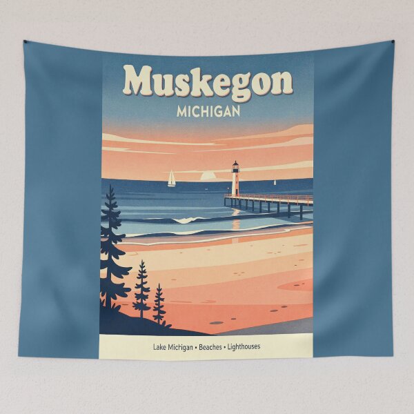 Item preview, Muskegon Michigan Sunset Lighthouse Retro Travel Art designed and sold by American Travels.
