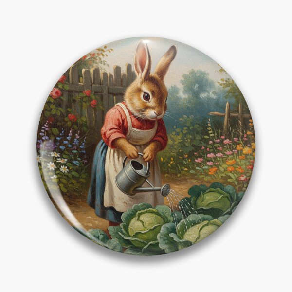 Item preview, Vintage Rabbit Gardening Oil Painting designed and sold by capricedefille.