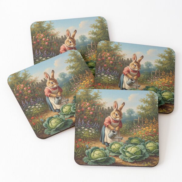Item preview, Vintage Rabbit Gardening Oil Painting designed and sold by capricedefille.