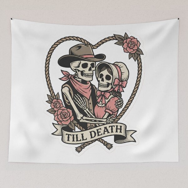 Item preview, Till Death Western Gothic Skeleton Couple Valentine Lasso Rope Heart Vintage Tattoo designed and sold by StickyGuys.