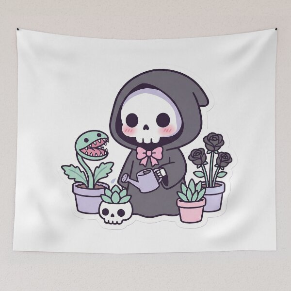 Item preview, Cute Grim Reaper Gardener Watering Carnivorous Plants Kawaii Pastel Goth Aesthetic designed and sold by StickyGuys.