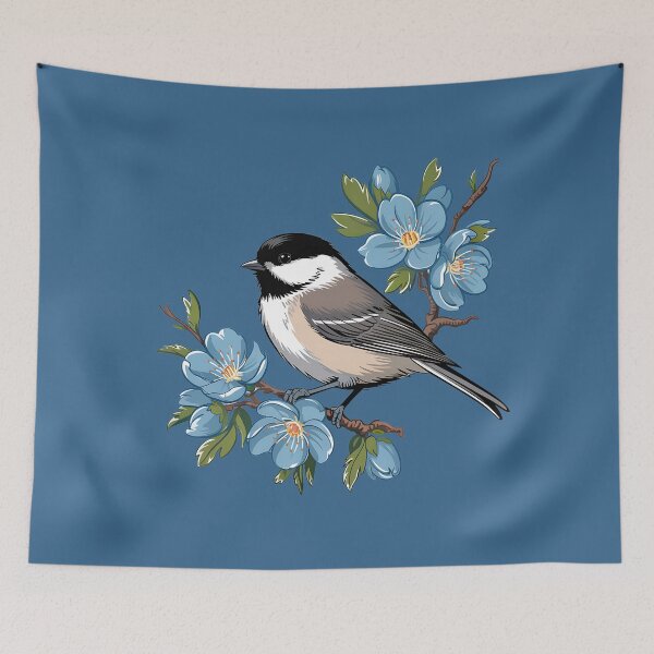 Item preview, Spring Black-Capped Chickadee with Bright Blue Blossoms designed and sold by BirdsnStuff.