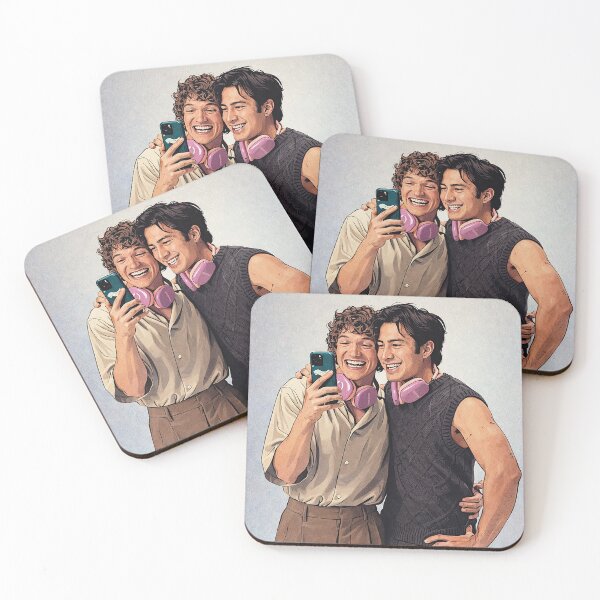 Item preview, Connor Storrie and Hudson Williams selfie with pink headphones (fan art) designed and sold by PopCultureAndStuff.