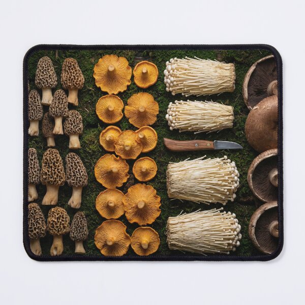 Item preview, Moody Wild Mushroom Foraging Knolling on Moss designed and sold by SavinMercantile.