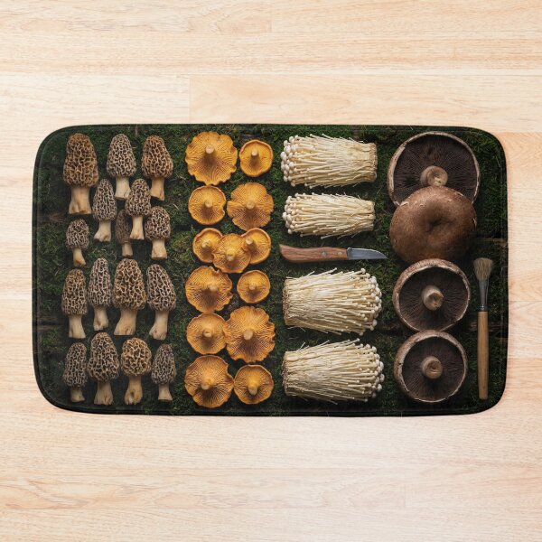Item preview, Moody Wild Mushroom Foraging Knolling on Moss designed and sold by SavinMercantile.