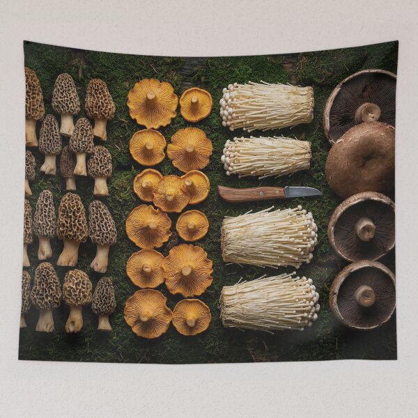 Item preview, Moody Wild Mushroom Foraging Knolling on Moss designed and sold by SavinMercantile.